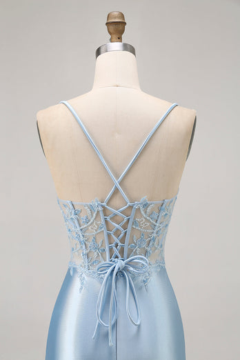 Sparkly Blue Satin Corset Tight Short Prom Dress with Lace