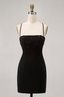 Load image into Gallery viewer, Black Spaghetti Straps Tight Short Prom Dress with Beading