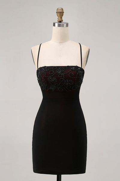 Black Spaghetti Straps Tight Short Prom Dress with Beading
