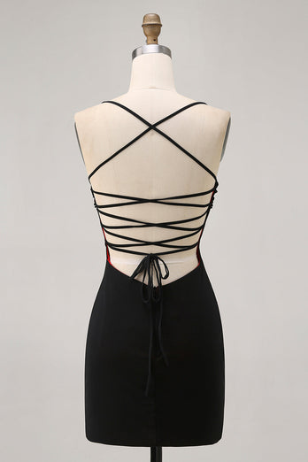 Black Spaghetti Straps Tight Short Prom Dress with Beading