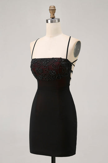 Black Spaghetti Straps Tight Short Prom Dress with Beading