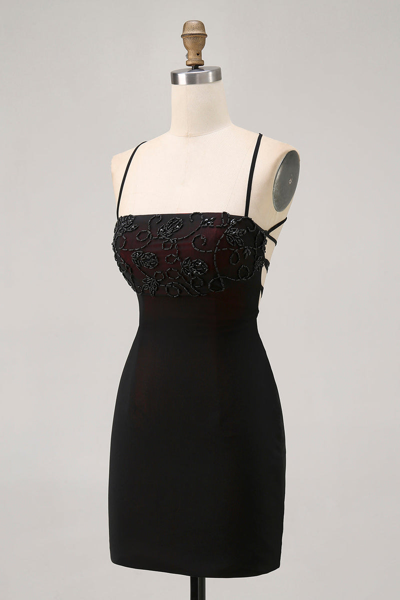 Load image into Gallery viewer, Black Spaghetti Straps Tight Short Prom Dress with Beading