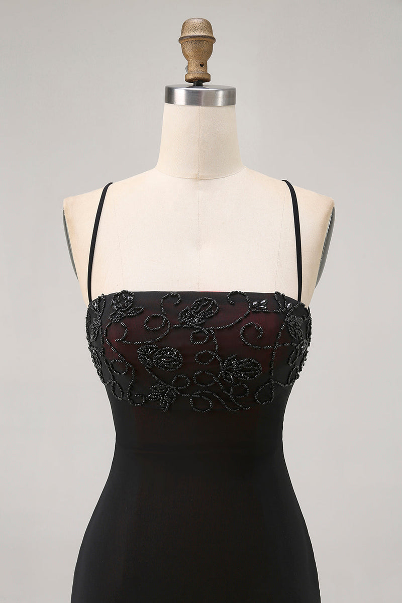 Load image into Gallery viewer, Black Spaghetti Straps Tight Short Prom Dress with Beading