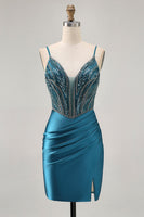 Load image into Gallery viewer, Sparkly Peacock Blue Short Corset Tight Prom Dress with Beading