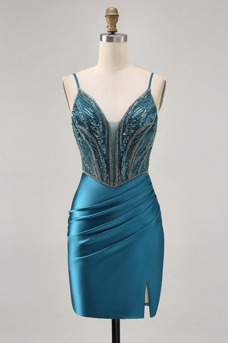 Sparkly Peacock Blue Short Corset Tight Prom Dress with Beading
