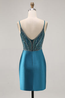 Sparkly Peacock Blue Short Corset Tight Prom Dress with Beading