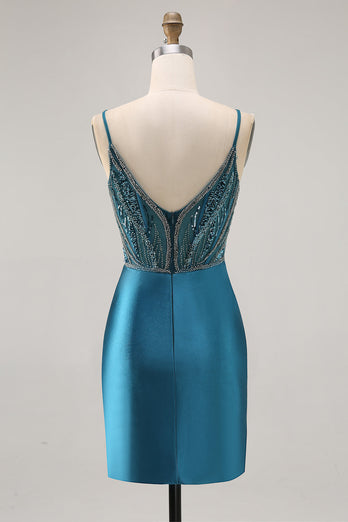 Sparkly Peacock Blue Short Corset Tight Prom Dress with Beading