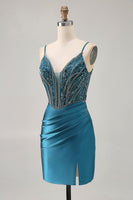 Load image into Gallery viewer, Sparkly Peacock Blue Short Corset Tight Prom Dress with Beading