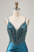 Load image into Gallery viewer, Sparkly Peacock Blue Short Corset Tight Prom Dress with Beading