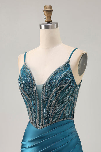 Sparkly Peacock Blue Short Corset Tight Prom Dress with Beading
