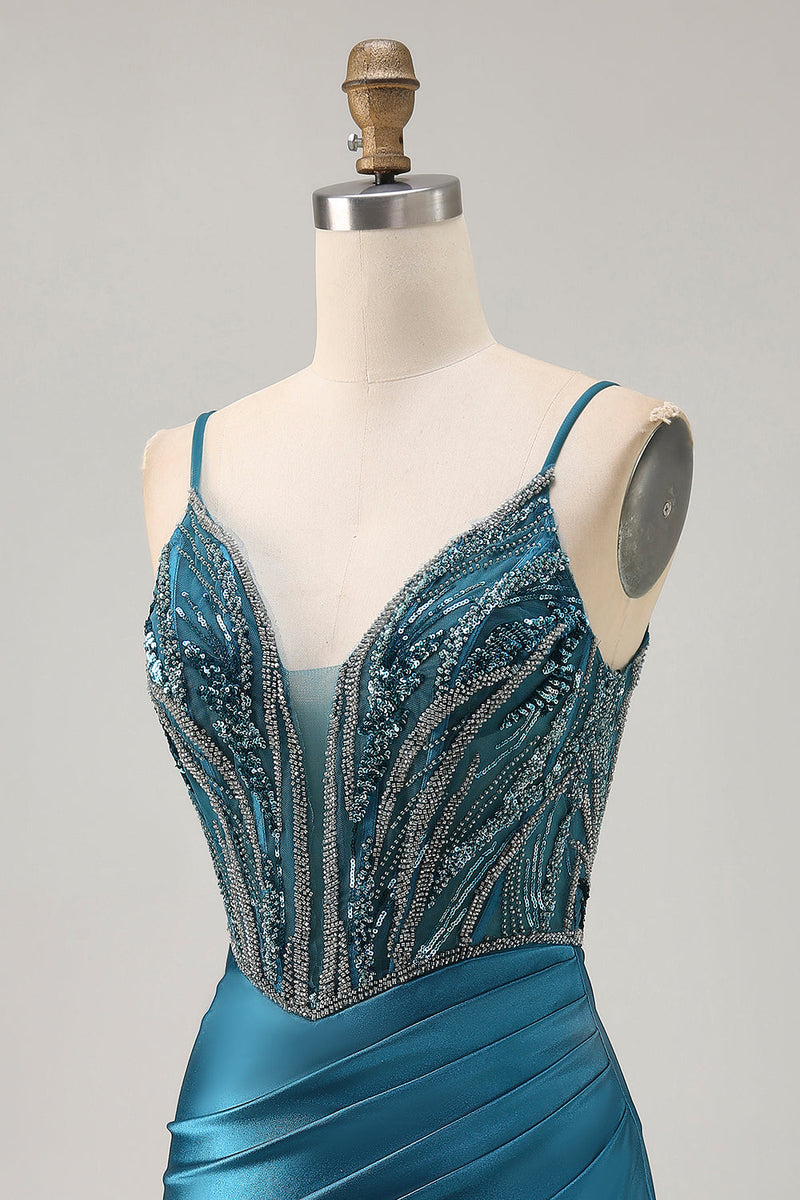 Load image into Gallery viewer, Sparkly Peacock Blue Short Corset Tight Prom Dress with Beading