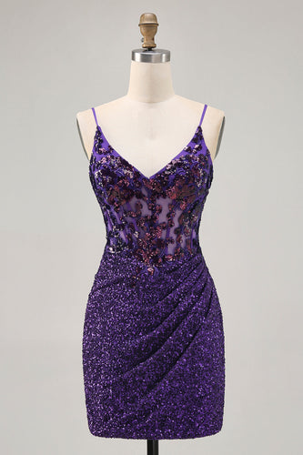 Sparkly Dark Purple Sequin Tight Short Corset Prom Dress