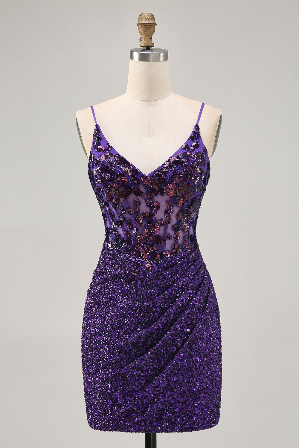 Sparkly Dark Purple Sequin Tight Short Corset Prom Dress