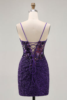 Sparkly Dark Purple Sequin Tight Short Corset Prom Dress