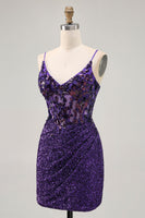 Load image into Gallery viewer, Sparkly Dark Purple Sequin Tight Short Corset Prom Dress