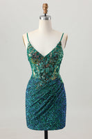 Load image into Gallery viewer, Sparkly Dark Green Corset Sequin Short Tight Prom Dress