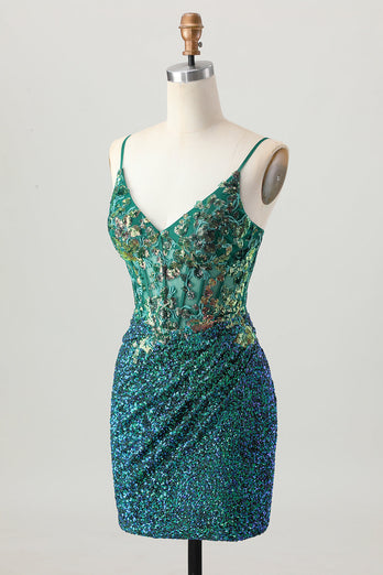 Sparkly Dark Green Corset Sequin Short Tight Prom Dress