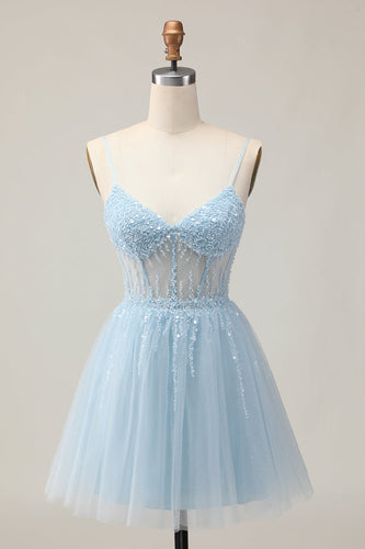 Sparkly Light Blue Corset Tulle A Line Short Prom Dress with Beading