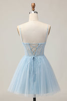 Load image into Gallery viewer, Sparkly Light Blue Corset Tulle A Line Short Prom Dress with Beading