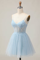 Load image into Gallery viewer, Sparkly Light Blue Corset Tulle A Line Short Prom Dress with Beading