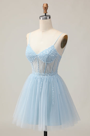 Sparkly Light Blue Corset Tulle A Line Short Prom Dress with Beading