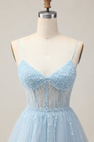 Load image into Gallery viewer, Sparkly Light Blue Corset Tulle A Line Short Prom Dress with Beading