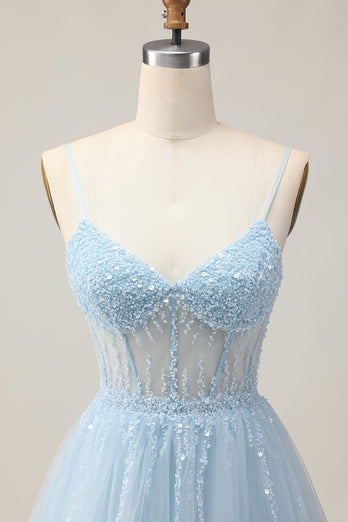 Sparkly Light Blue Corset Tulle A Line Short Prom Dress with Beading