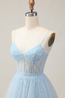 Load image into Gallery viewer, Sparkly Light Blue Corset Tulle A Line Short Prom Dress with Beading