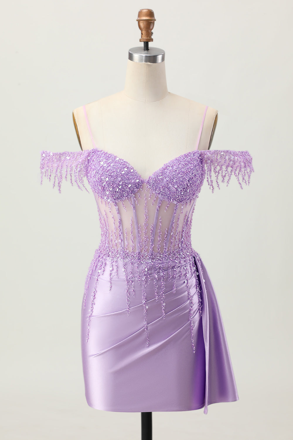 Sparkly Lilac Cold Shoulder Short Corset Prom Dress with Beading