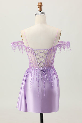 Sparkly Lilac Cold Shoulder Short Corset Prom Dress with Beading