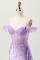 Load image into Gallery viewer, Sparkly Lilac Cold Shoulder Short Corset Prom Dress with Beading