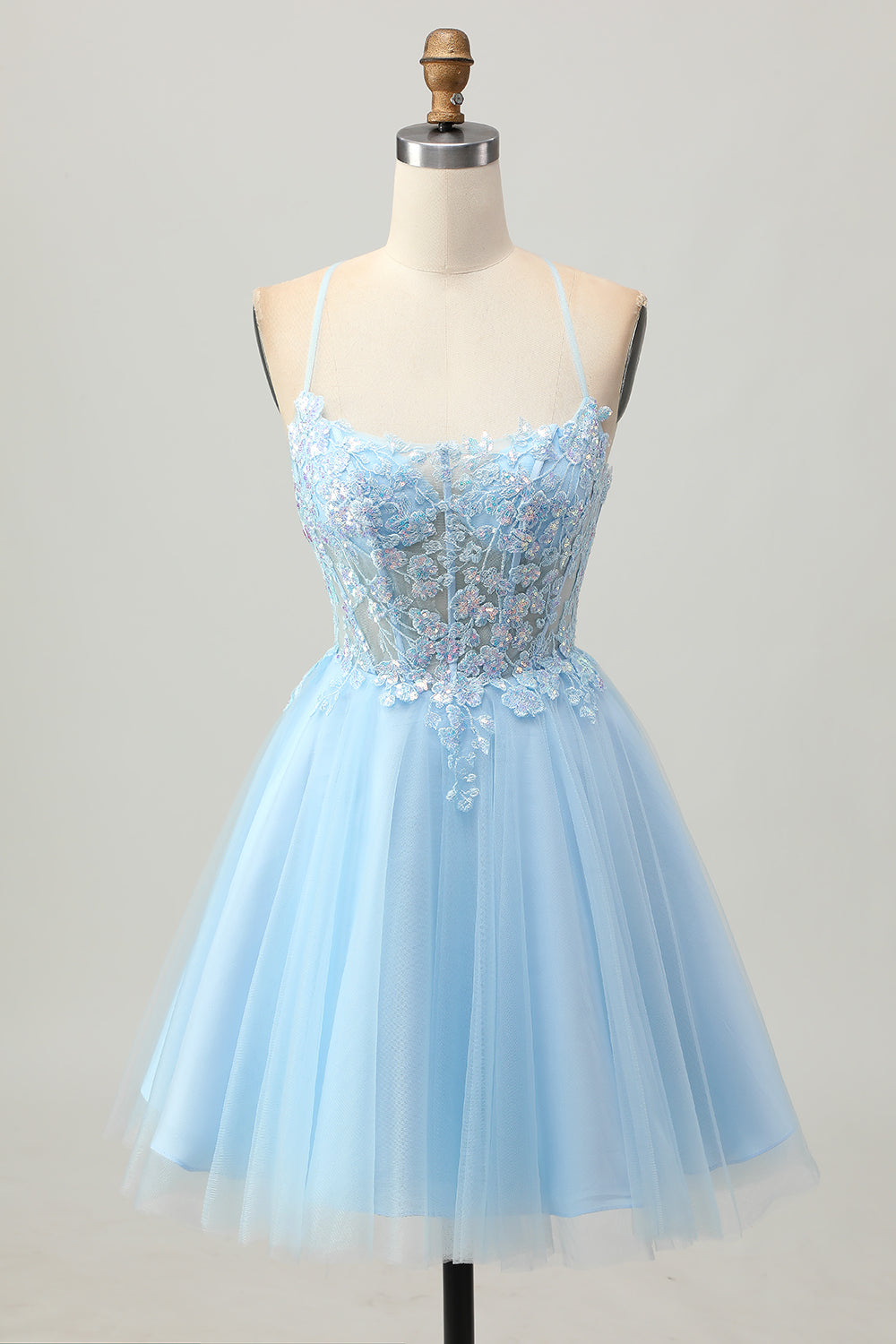 Sparkly Light Blue Corset Tulle Short Prom Dress with Appliques