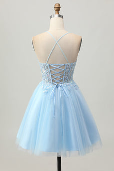 Sparkly Light Blue Corset Tulle Short Prom Dress with Appliques