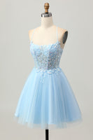 Load image into Gallery viewer, Sparkly Light Blue Corset Tulle Short Prom Dress with Appliques
