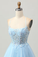 Load image into Gallery viewer, Sparkly Light Blue Corset Tulle Short Prom Dress with Appliques