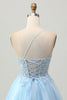 Load image into Gallery viewer, Sparkly Light Blue Corset Tulle Short Prom Dress with Appliques
