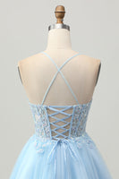 Load image into Gallery viewer, Sparkly Light Blue Corset Tulle Short Prom Dress with Appliques