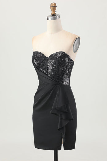 Sparkly Black Corset Tight Strapless Short Prom Dress with Sequins
