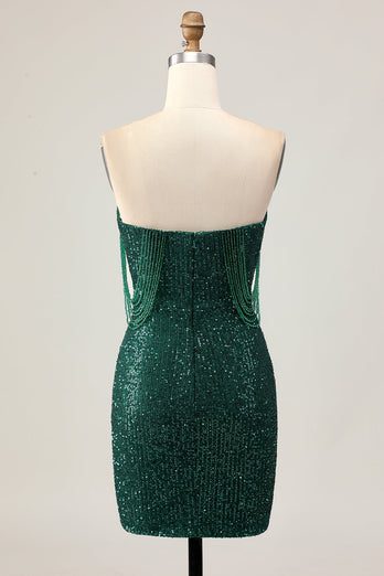 Sparkly Dark Green Short Sequins Tight Prom Dress with Beading