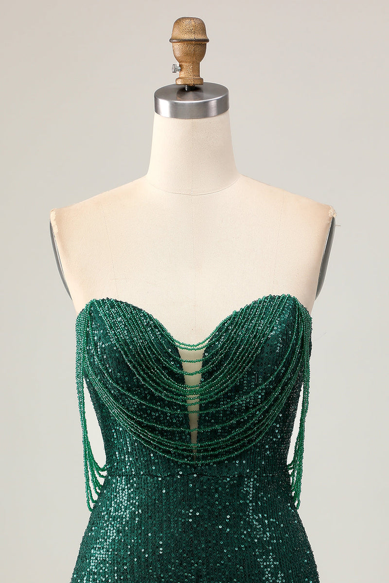Load image into Gallery viewer, Sparkly Dark Green Short Sequins Tight Prom Dress with Beading