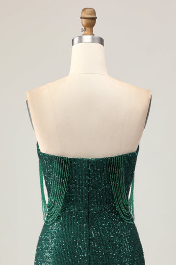Sparkly Dark Green Short Sequins Tight Prom Dress with Beading