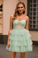 Load image into Gallery viewer, Light Green Tiered A Line Short Corset Prom Dress with Ruffles