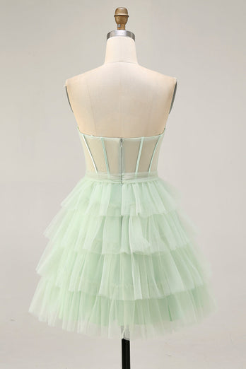 Light Green Tiered A Line Short Corset Prom Dress with Ruffles