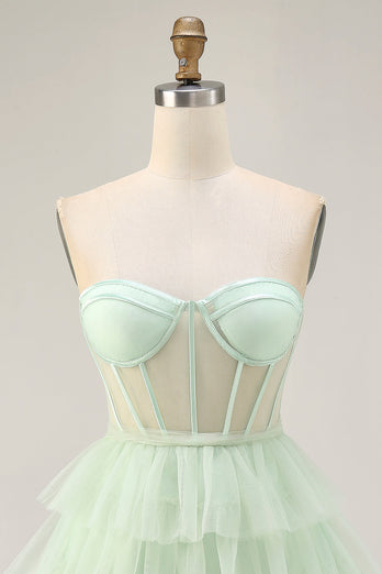Light Green Tiered A Line Short Corset Prom Dress with Ruffles