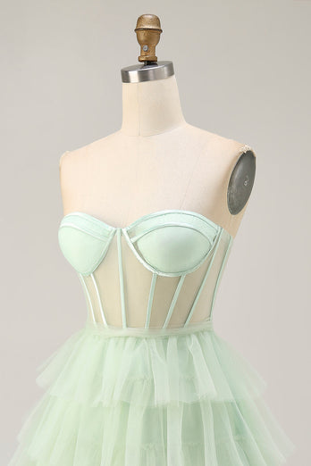 Light Green Tiered A Line Short Corset Prom Dress with Ruffles