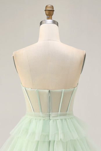 Light Green Tiered A Line Short Corset Prom Dress with Ruffles