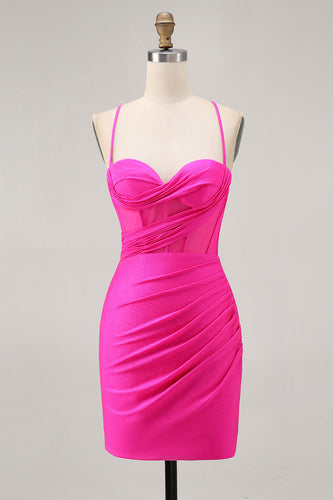 Fuchsia Spaghetti Straps Ruched Tight Short Corset Prom Dress