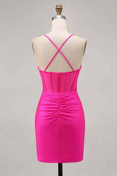 Fuchsia Spaghetti Straps Ruched Tight Short Corset Prom Dress