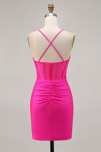 Fuchsia Spaghetti Straps Ruched Tight Short Corset Prom Dress