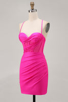 Load image into Gallery viewer, Fuchsia Spaghetti Straps Ruched Tight Short Corset Prom Dress